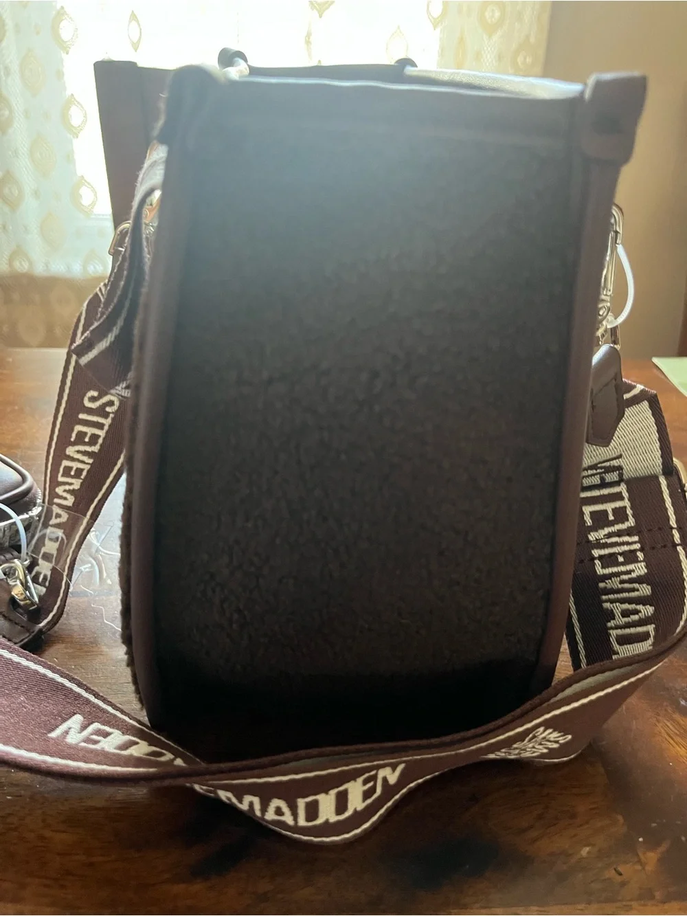 Steve Madden Brown Shearling-Trim Satchel Bag